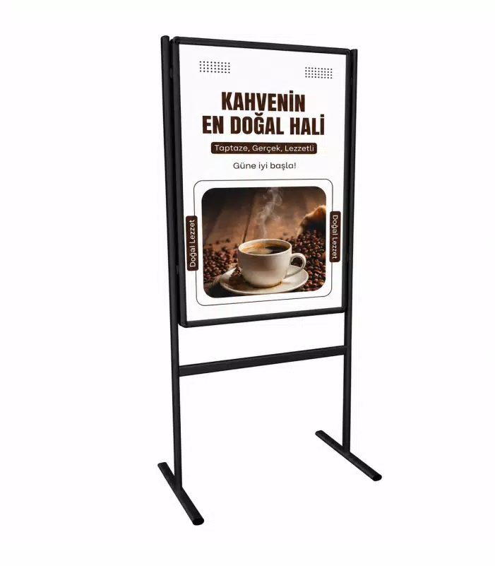 Klasik Afiş Standı 70x100 cm, Çift Taraflı Ayaklı Reklam Panosu Siyah Klasik Afiş Standı 70x100 cm, Çift Taraflı Ayaklı Reklam Panosu Siyah
